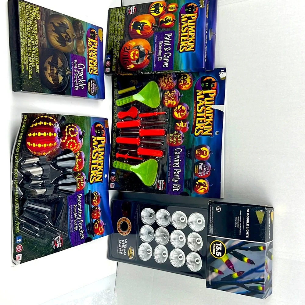 Pumpkin carving and decorating sets. Lights and musical lights.